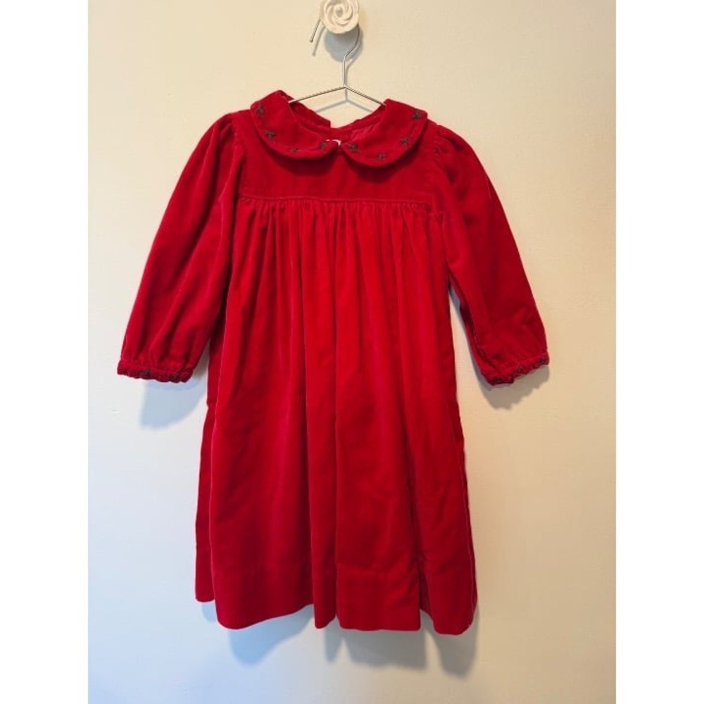 Strasburg Holiday Dress Red 100% Cotton Embroidered Sleeve EUC 4Y